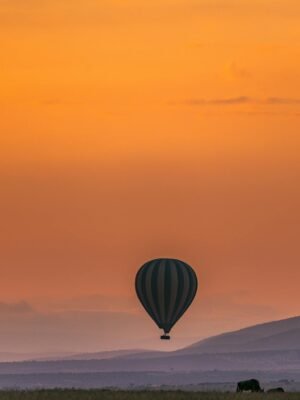 Multicolored air balloon floating against amazing sunset
